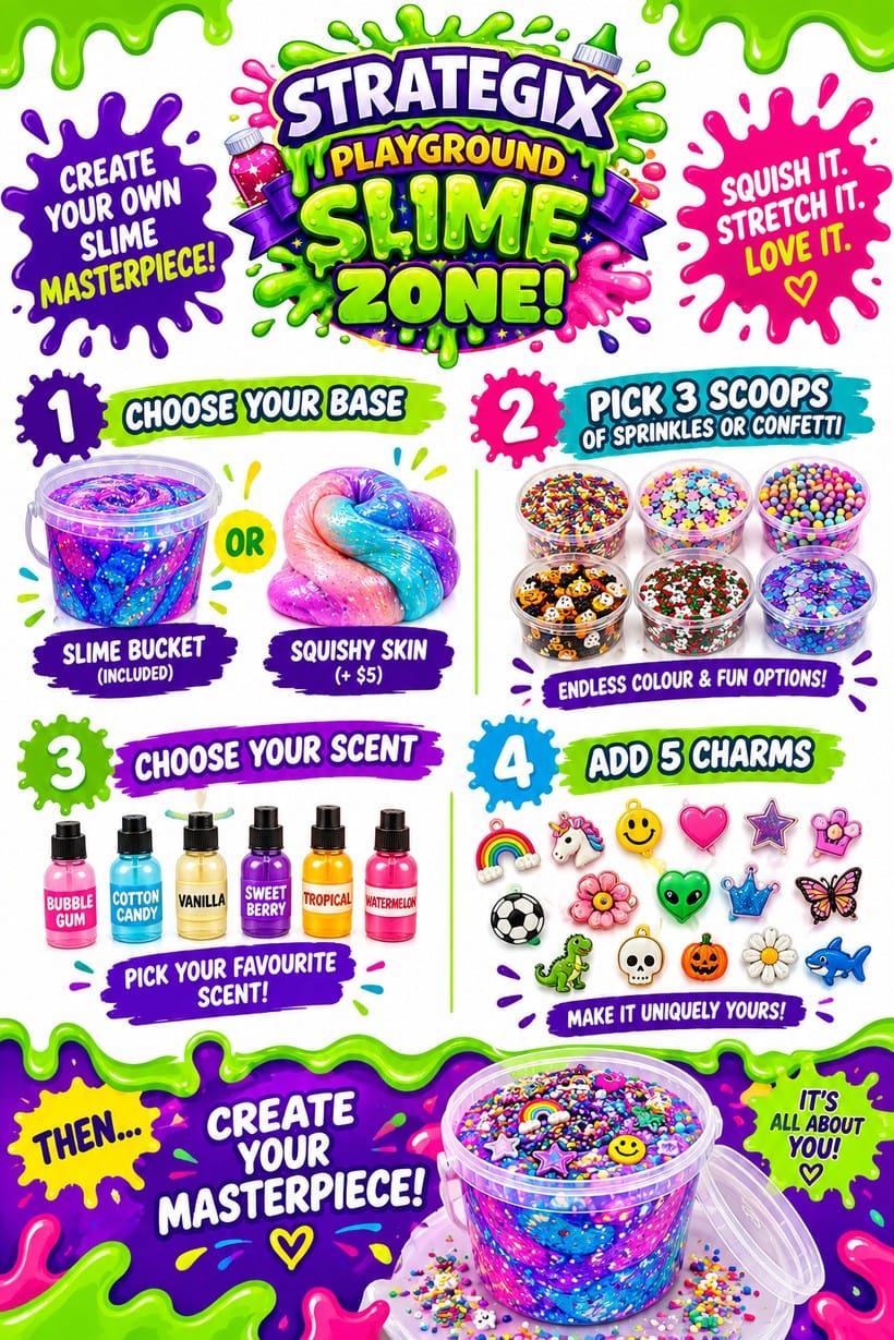 Create your own slime masterpiece: choose your base, pick 3 scoops, choose your scent, add 5 charms